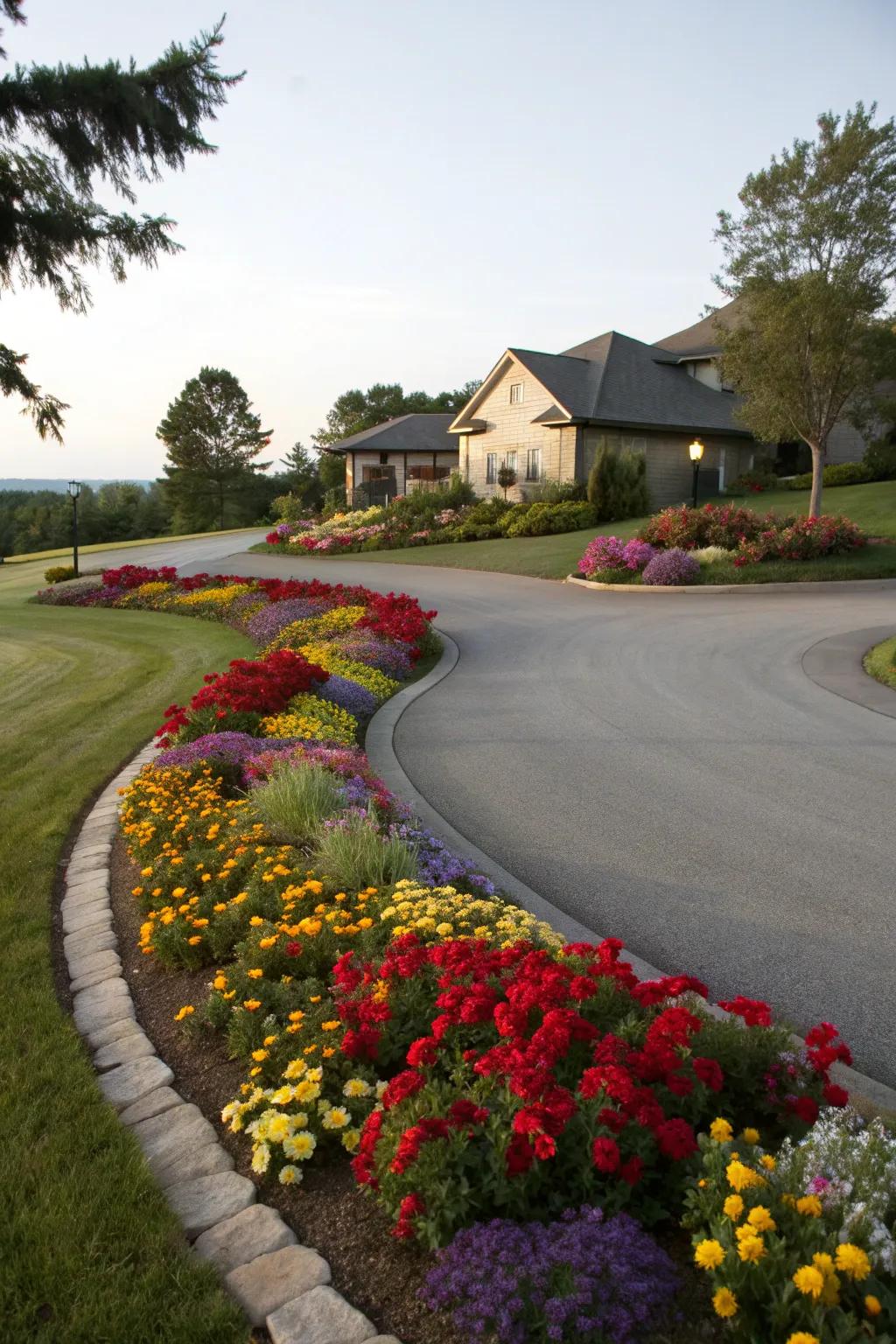 Flower beds create a colorful and inviting border.
