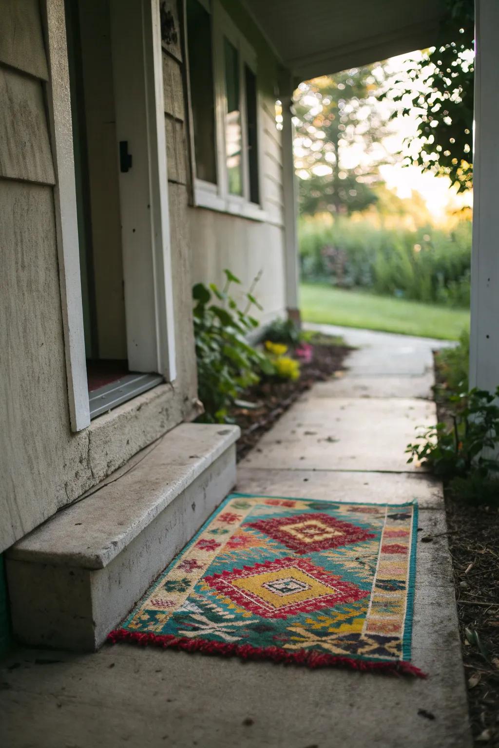 A small concrete porch with a colorful outdoor rug.