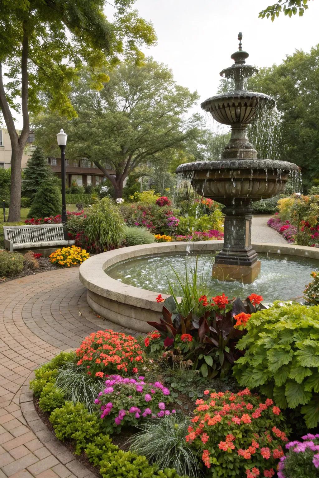 Plants and fountains together create a vibrant garden ecosystem.