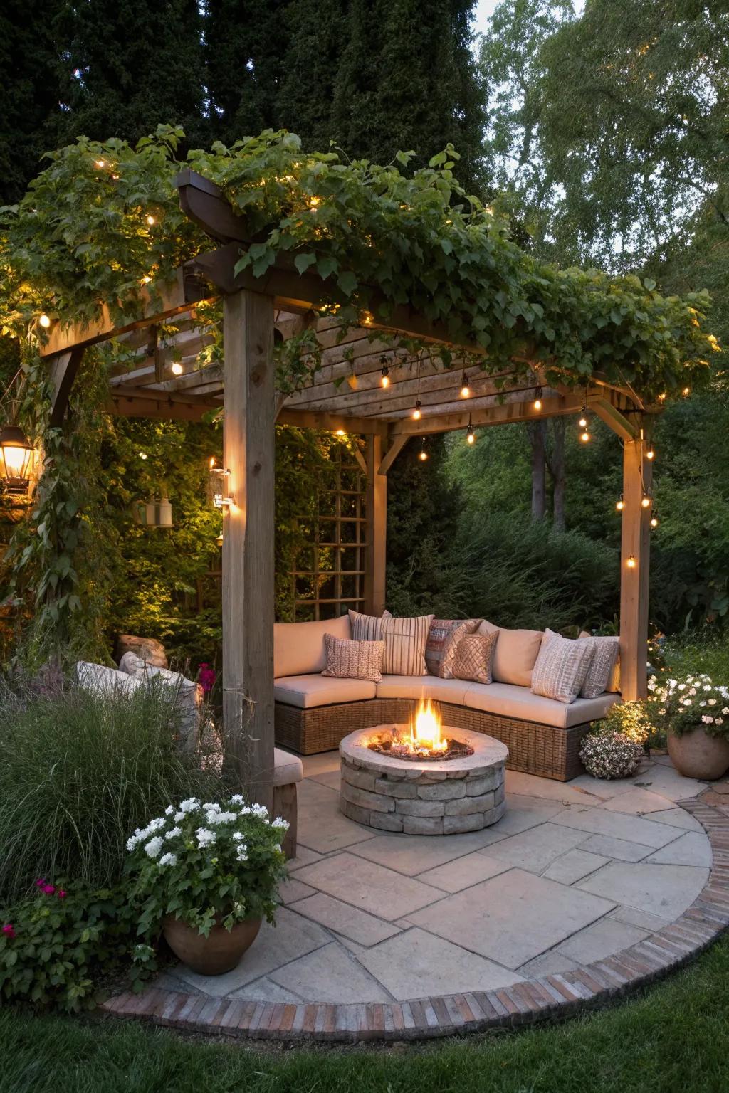 A fire pit under a pergola offers warmth and a focal point for gatherings.
