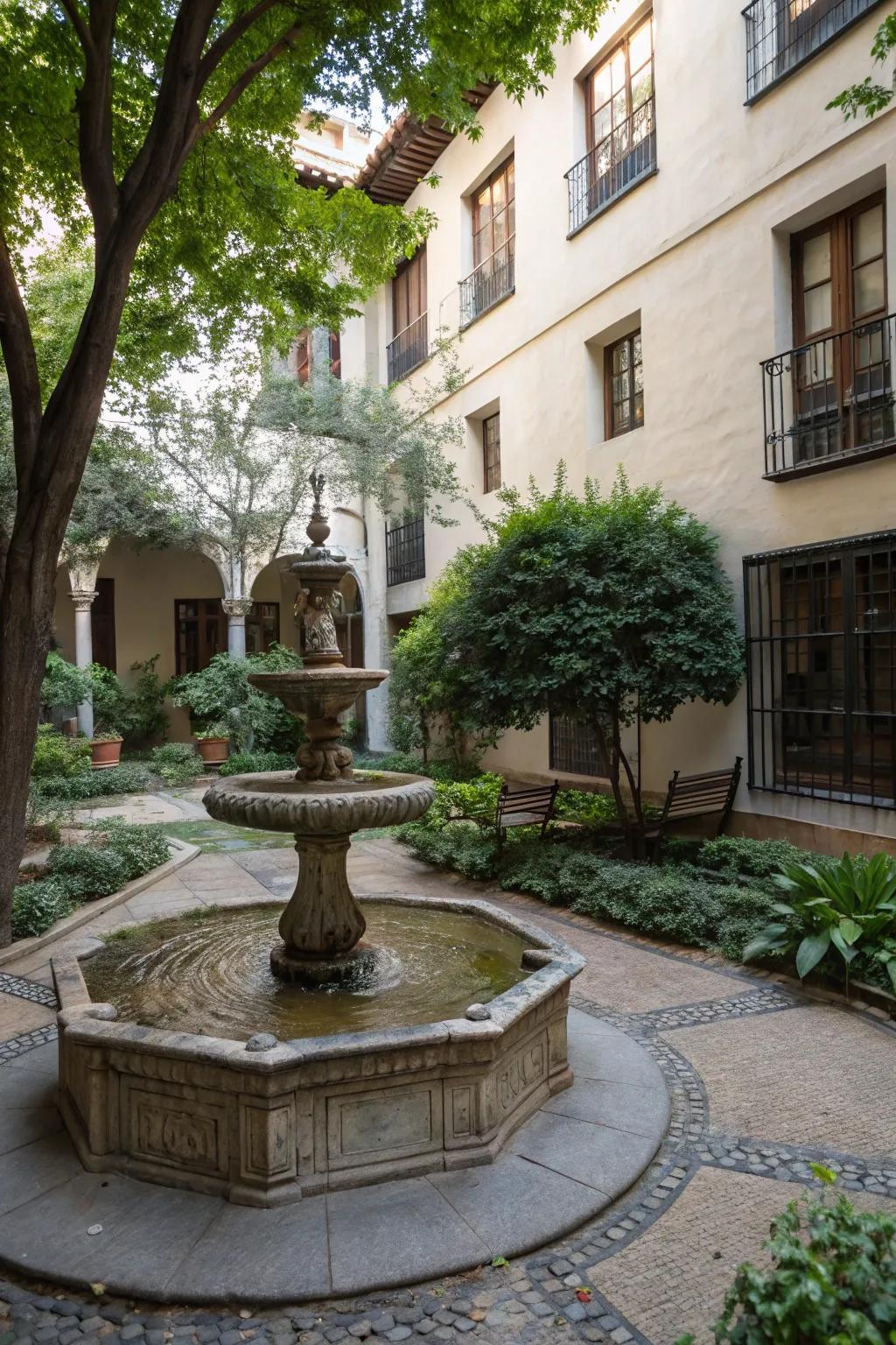 An eclectic mix of materials creates a unique courtyard fountain design.