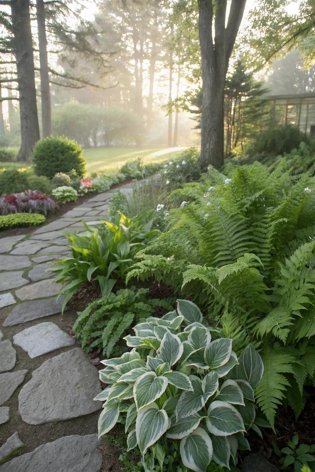 Ferns paired with hostas create a lush, layered garden.