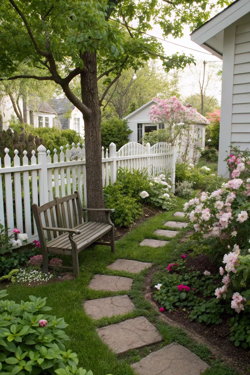 A serene pathway adds charm and accessibility to a small garden.