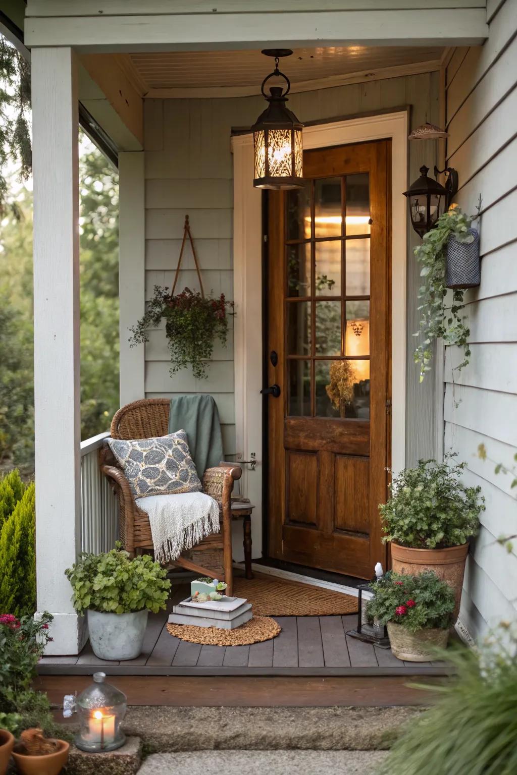 A cozy porch nook offers a warm welcome at a small front door.