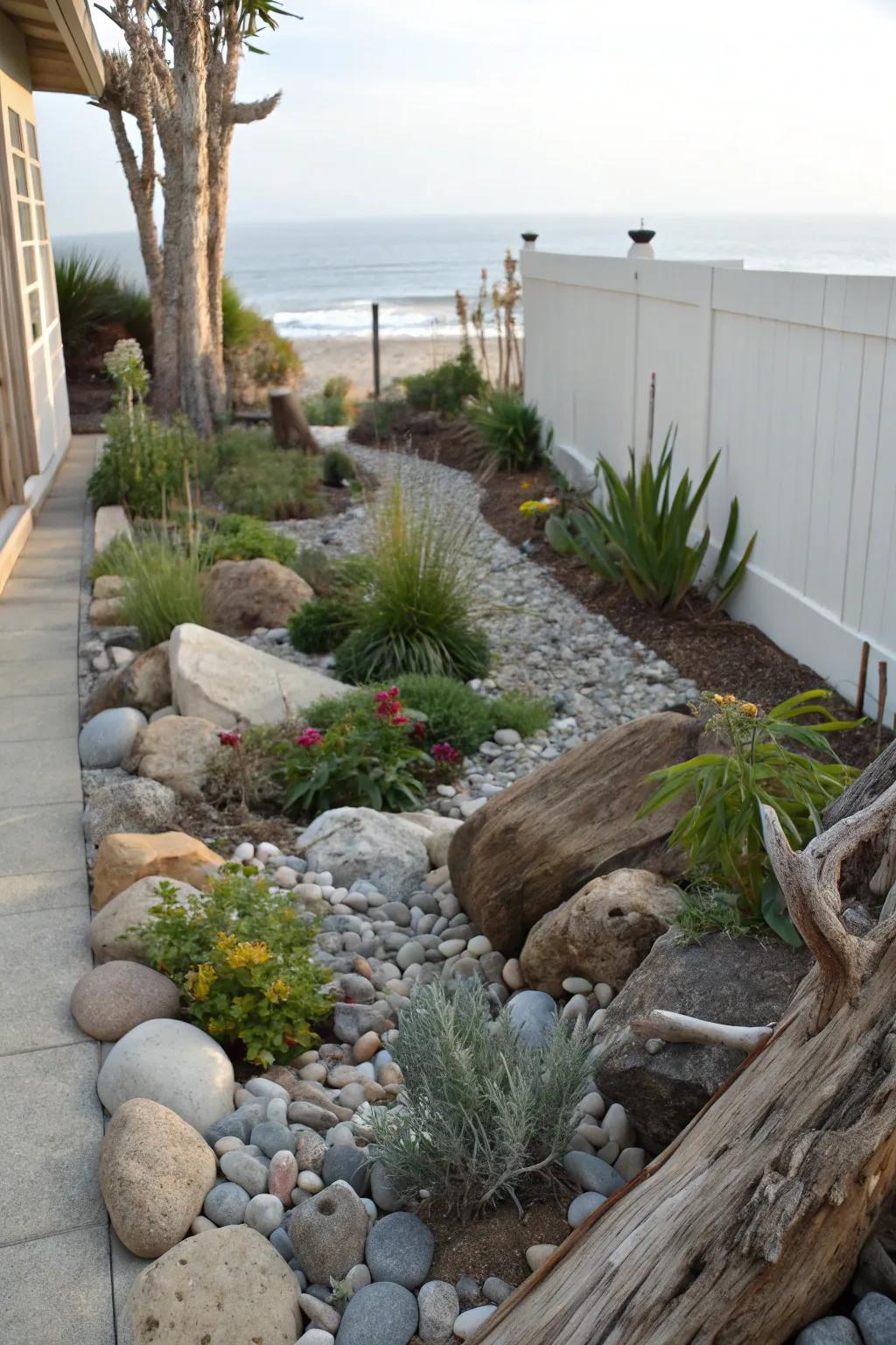 Create a coastal getaway with pebbles and seaside accents.