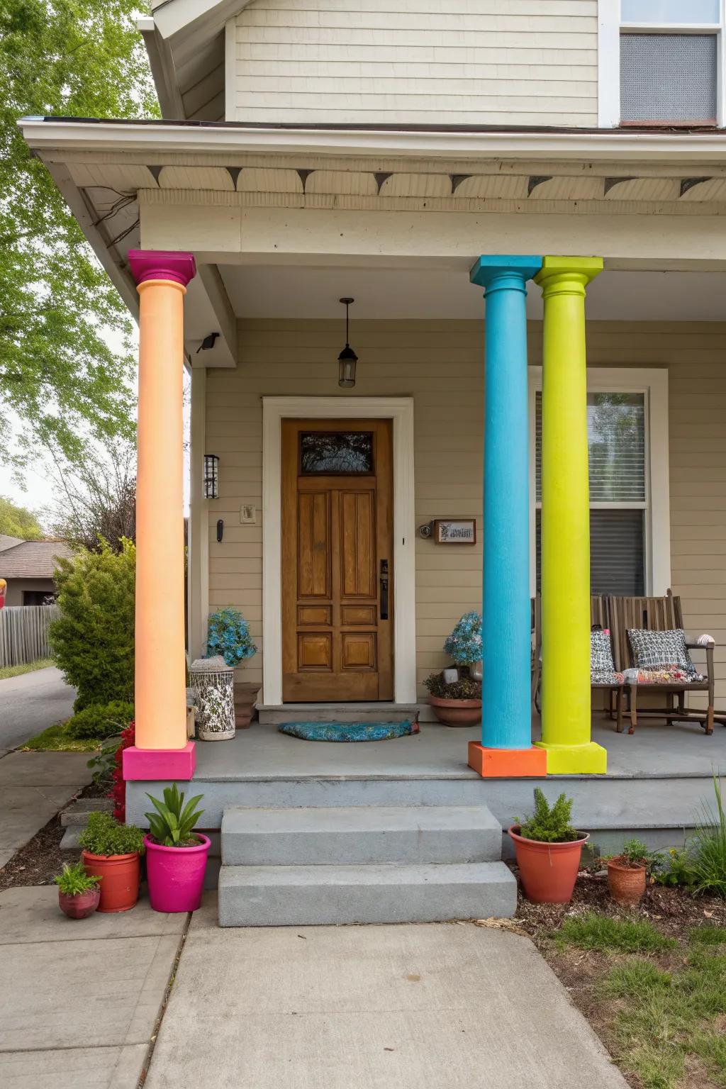 Colorful columns create a striking contrast on this inviting porch.