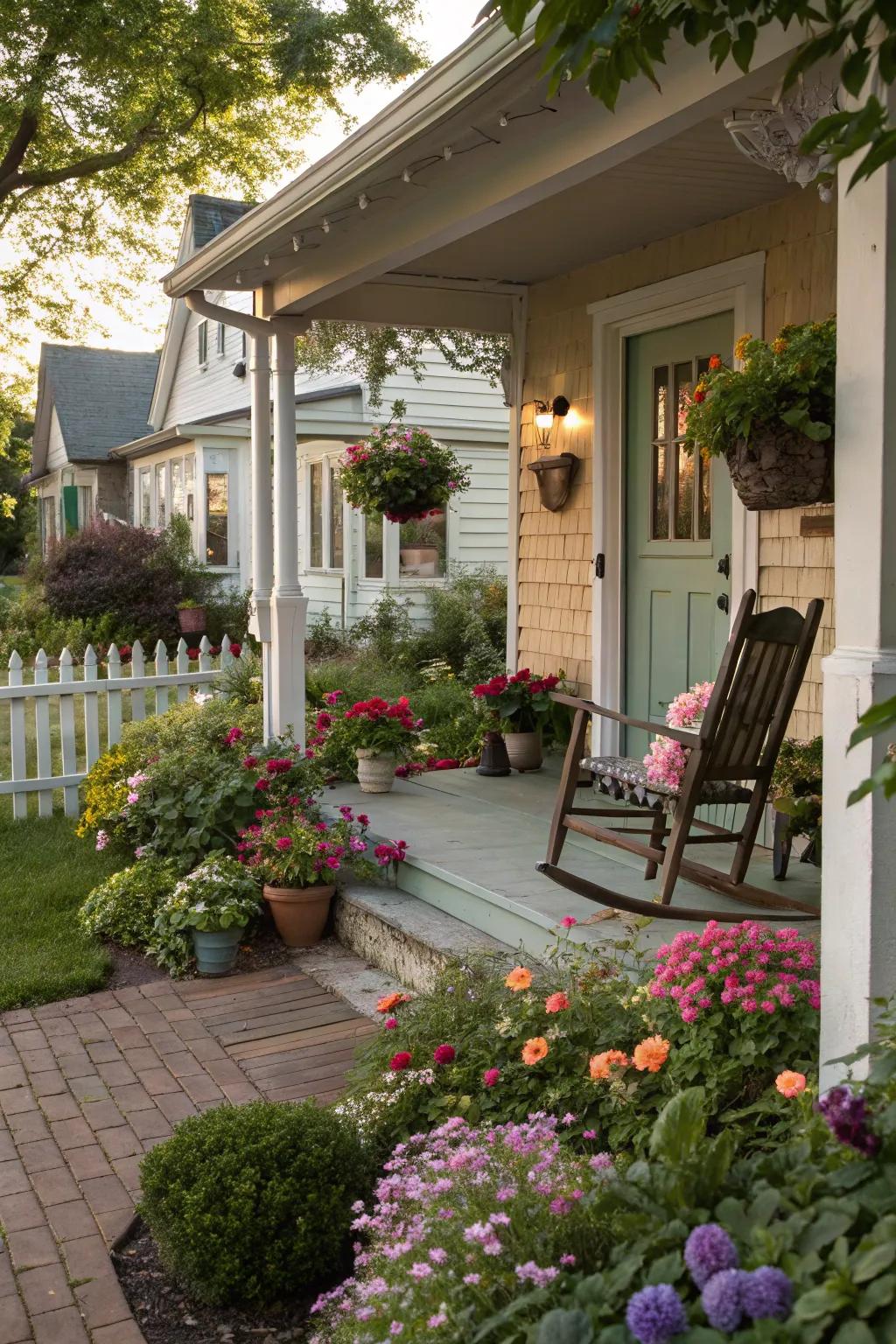 A flower-framed porch creates a welcoming entrance to this charming home.