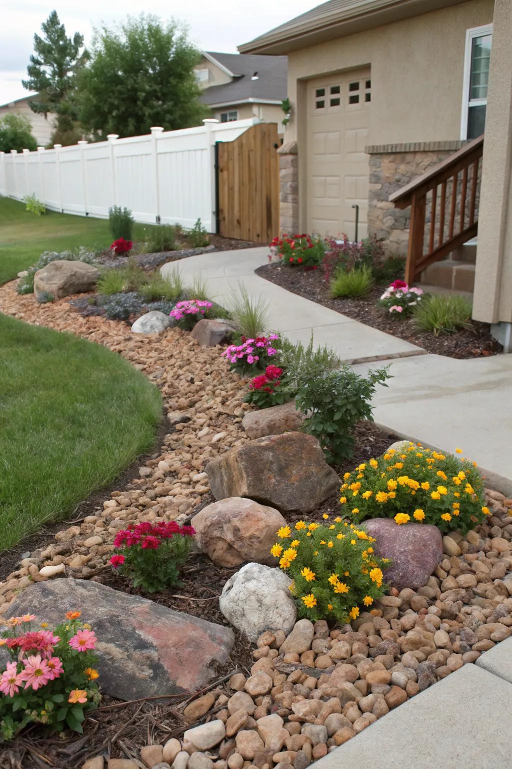 Decorative rocks and mulch enhance the beauty and health of a front yard garden.