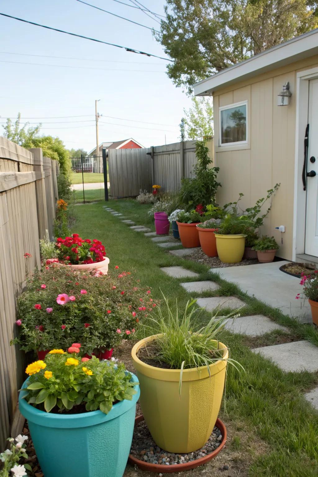 Container gardens offer flexibility and color variety.