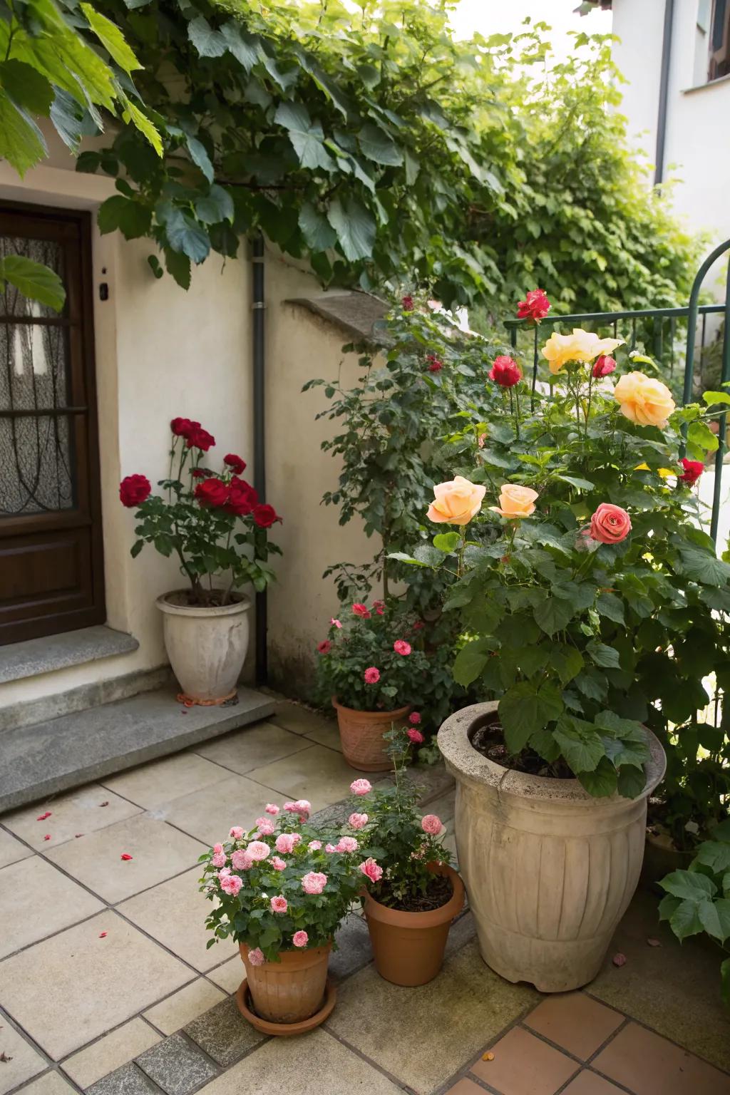 A small patio adorned with potted roses in diverse containers.