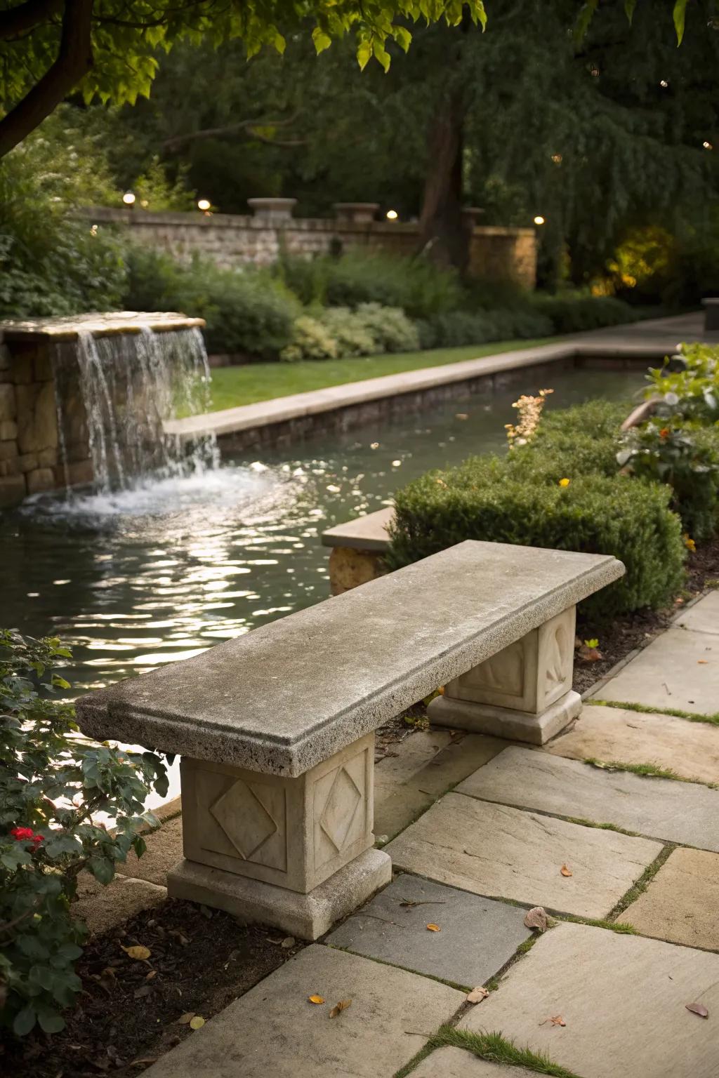 Timeless stone bench beside a peaceful garden water feature.
