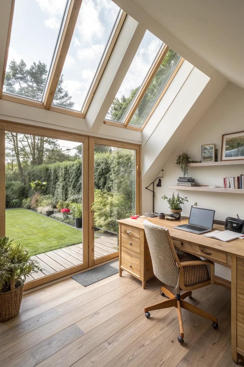 An attic conversion with garden views creates an inspiring workspace.