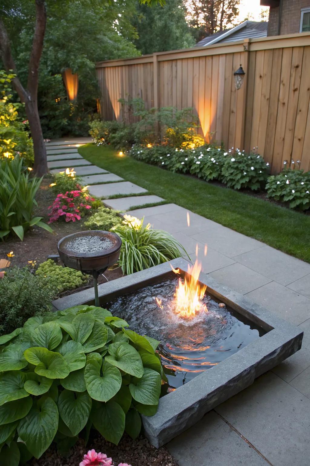A fire and water combo creates a dramatic focal point.