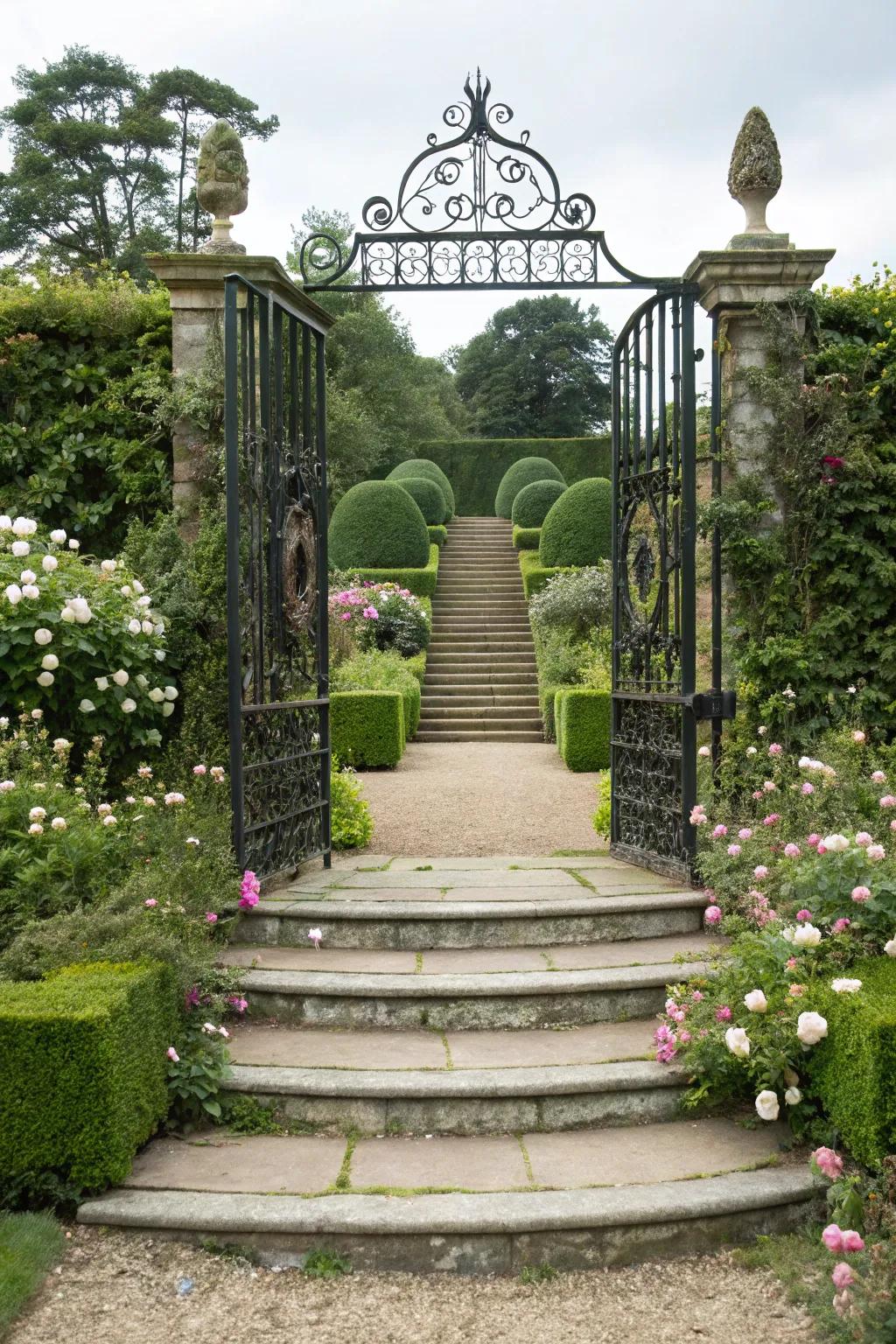 A tiered gate harmonizing with garden pathways.