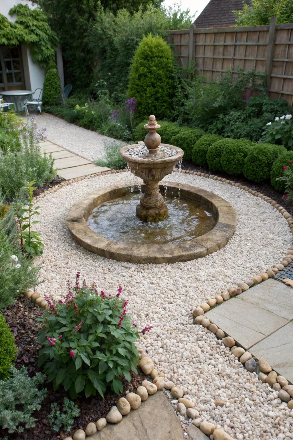 A water feature adds calming sounds to a gravel garden.