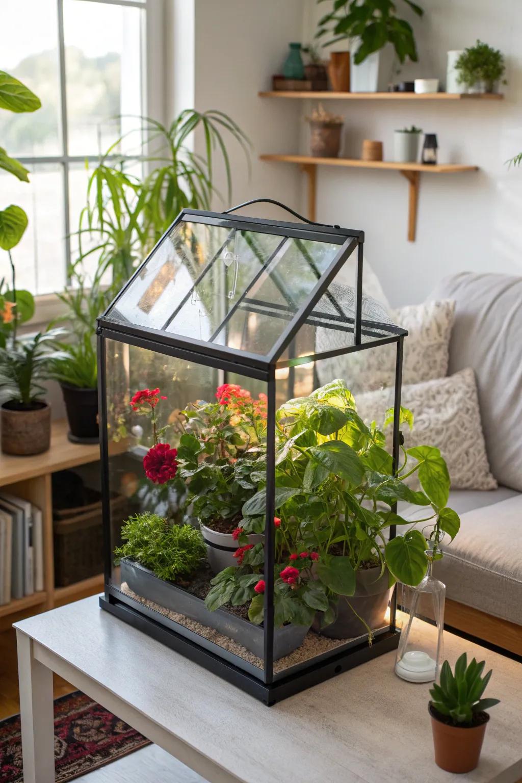 A miniature indoor greenhouse bringing nature indoors.