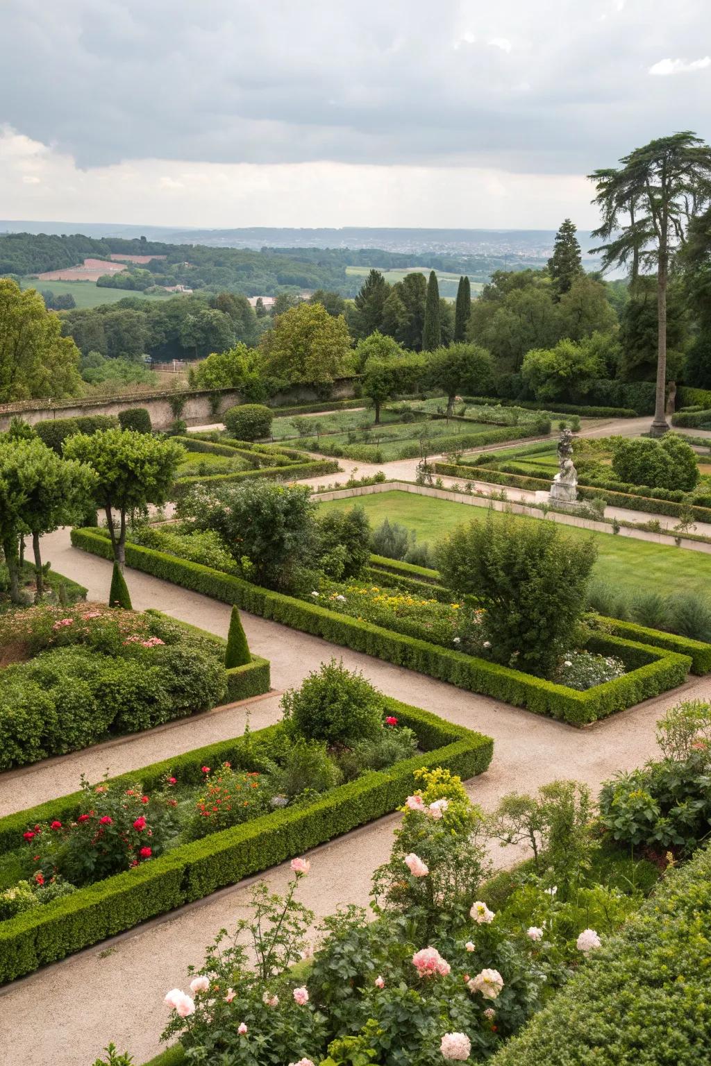 A compact garden layout with greenery and open spaces.
