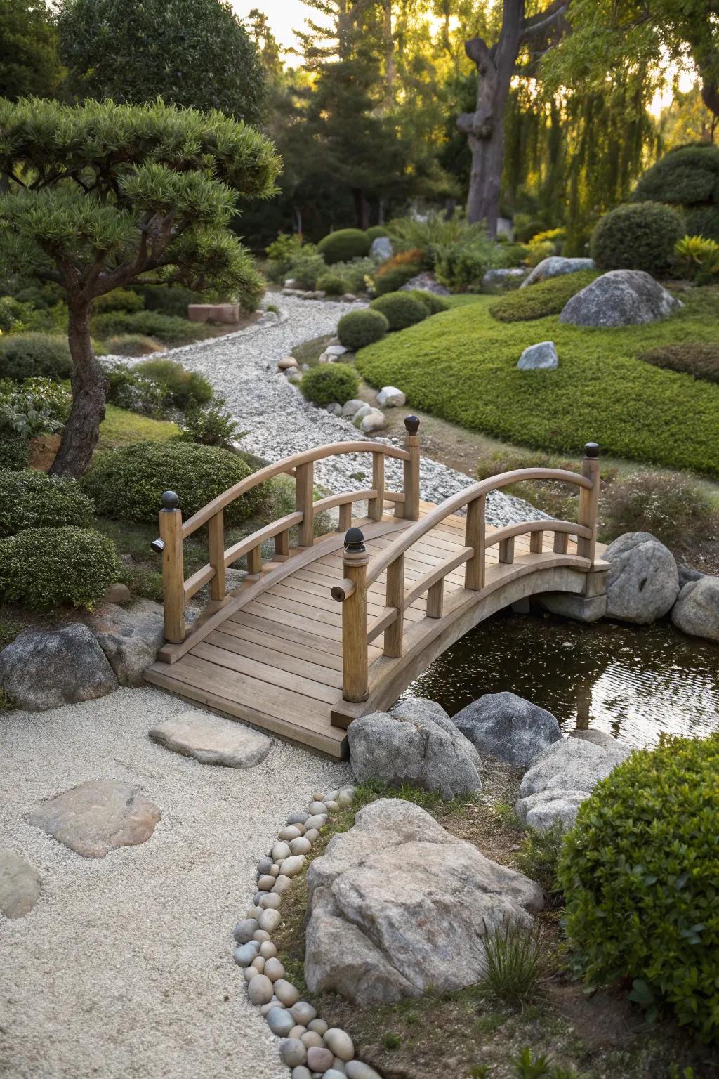 A miniature wooden bridge adds charm and depth to your garden.