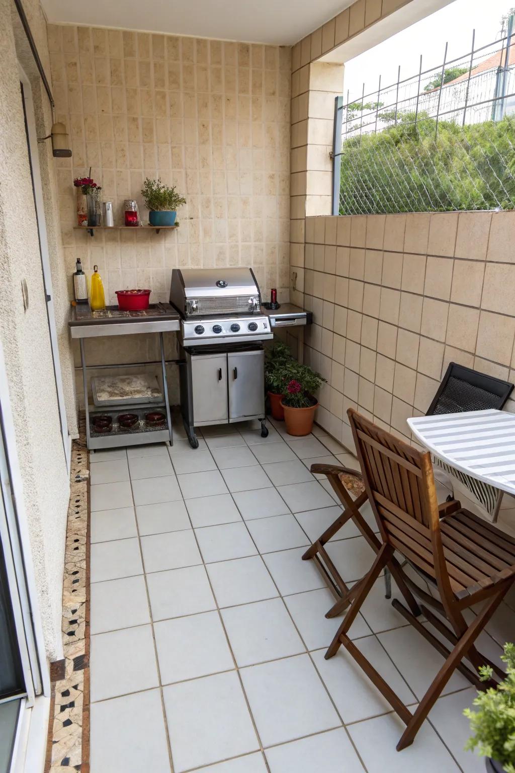 A neat BBQ area with durable tiled flooring for easy maintenance.