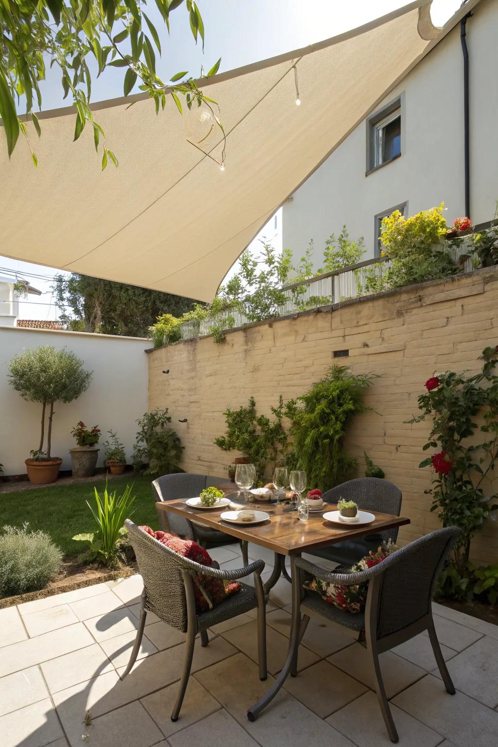 Shade sails provide stylish sun protection for outdoor dining areas.