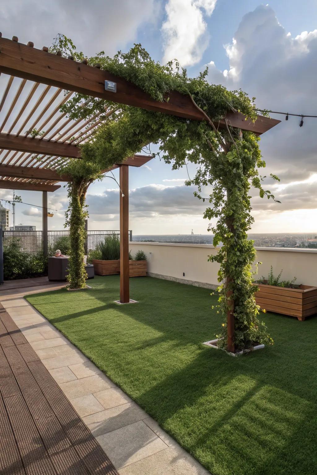 A pergola adds shade to a grassy patio retreat.