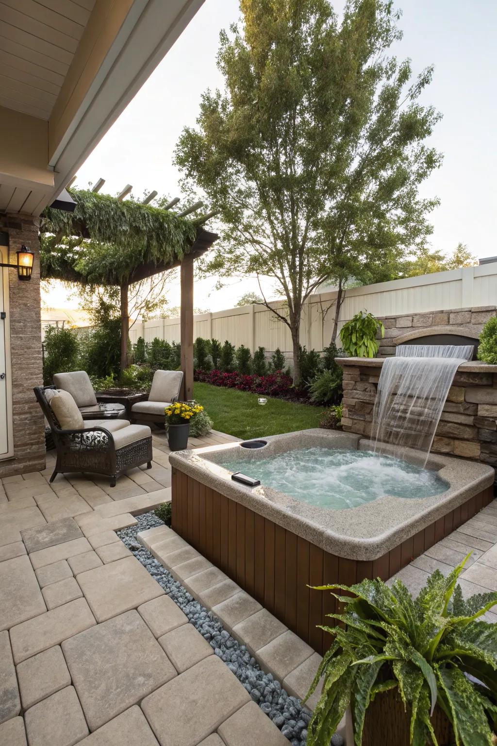 A water feature complements the relaxing vibe of your hot tub.