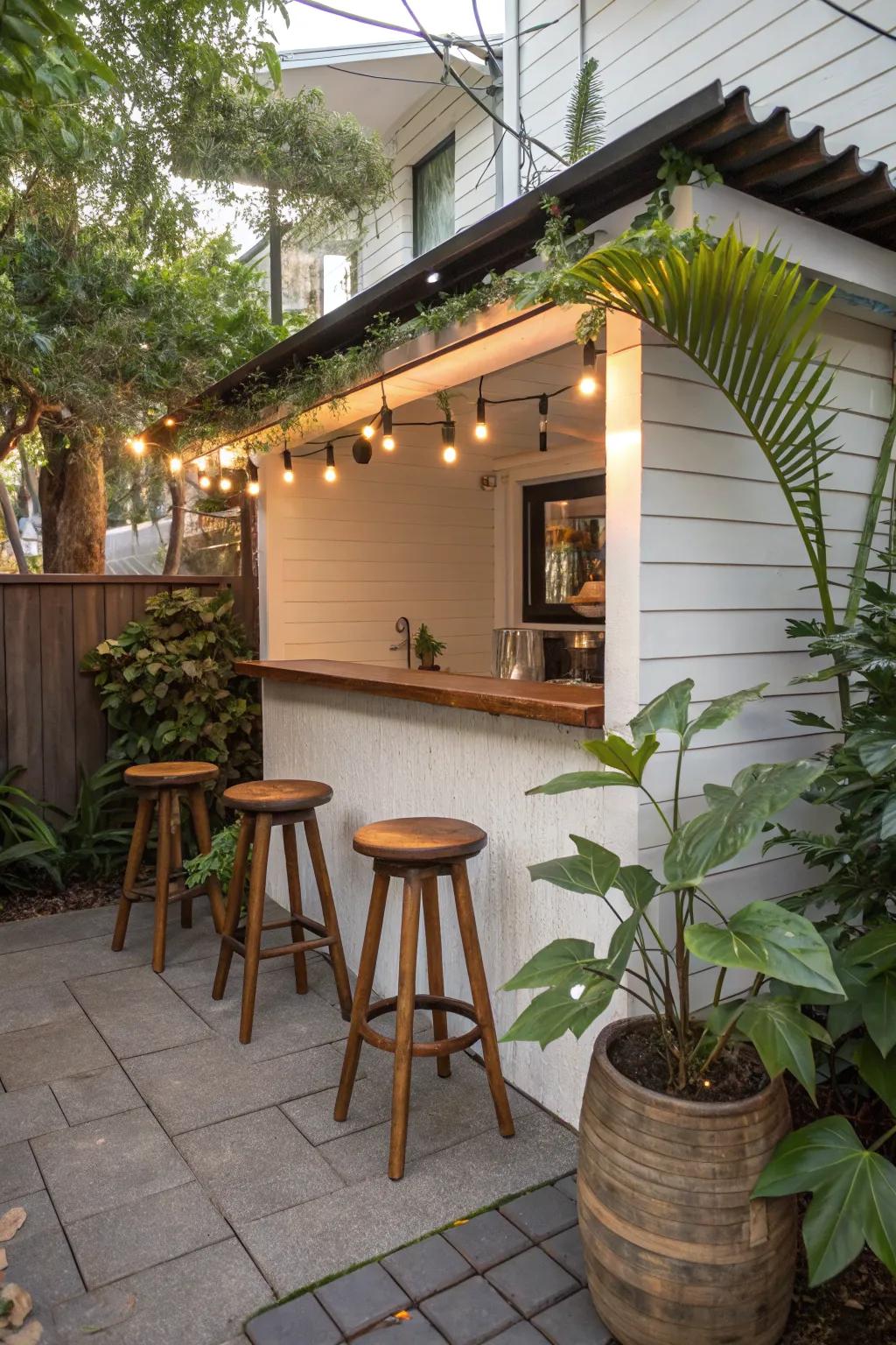 A welcoming bar seating area on a small patio.