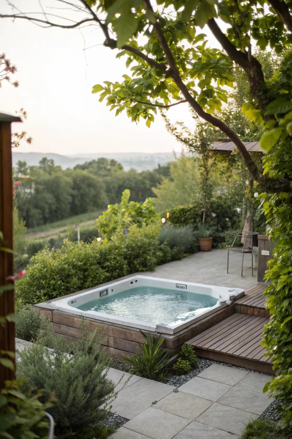 An integrated hot tub offers relaxation and luxury on a compact patio.