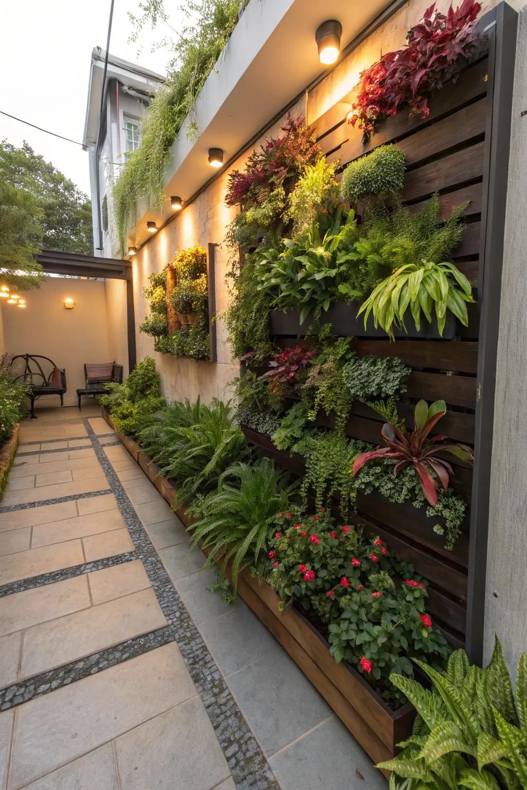 Vertical planters maximize greenery in minimal space.