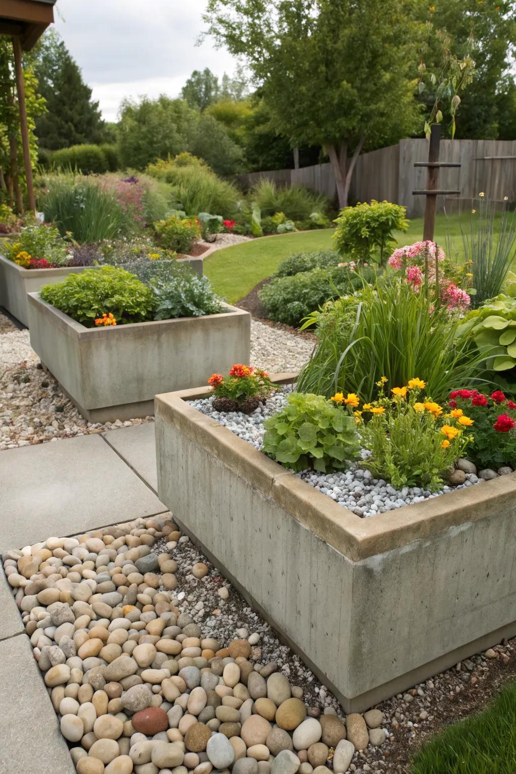 Elevate your garden with raised pebble planters for added interest.