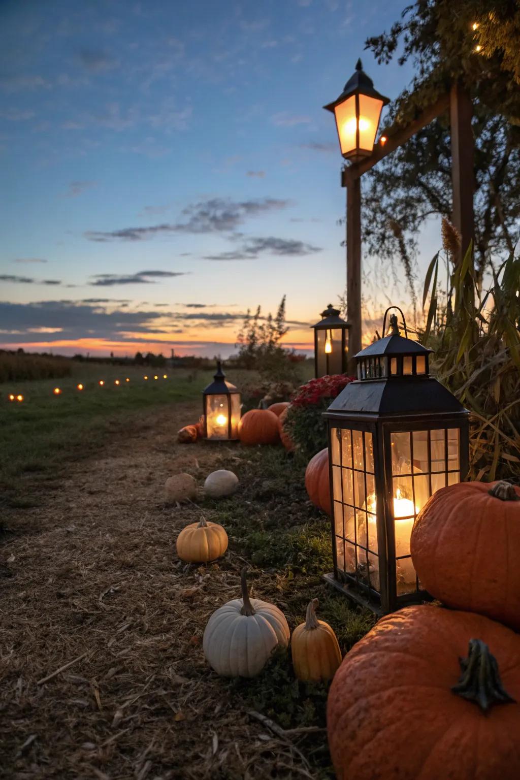 Lanterns create a warm and inviting evening glow.