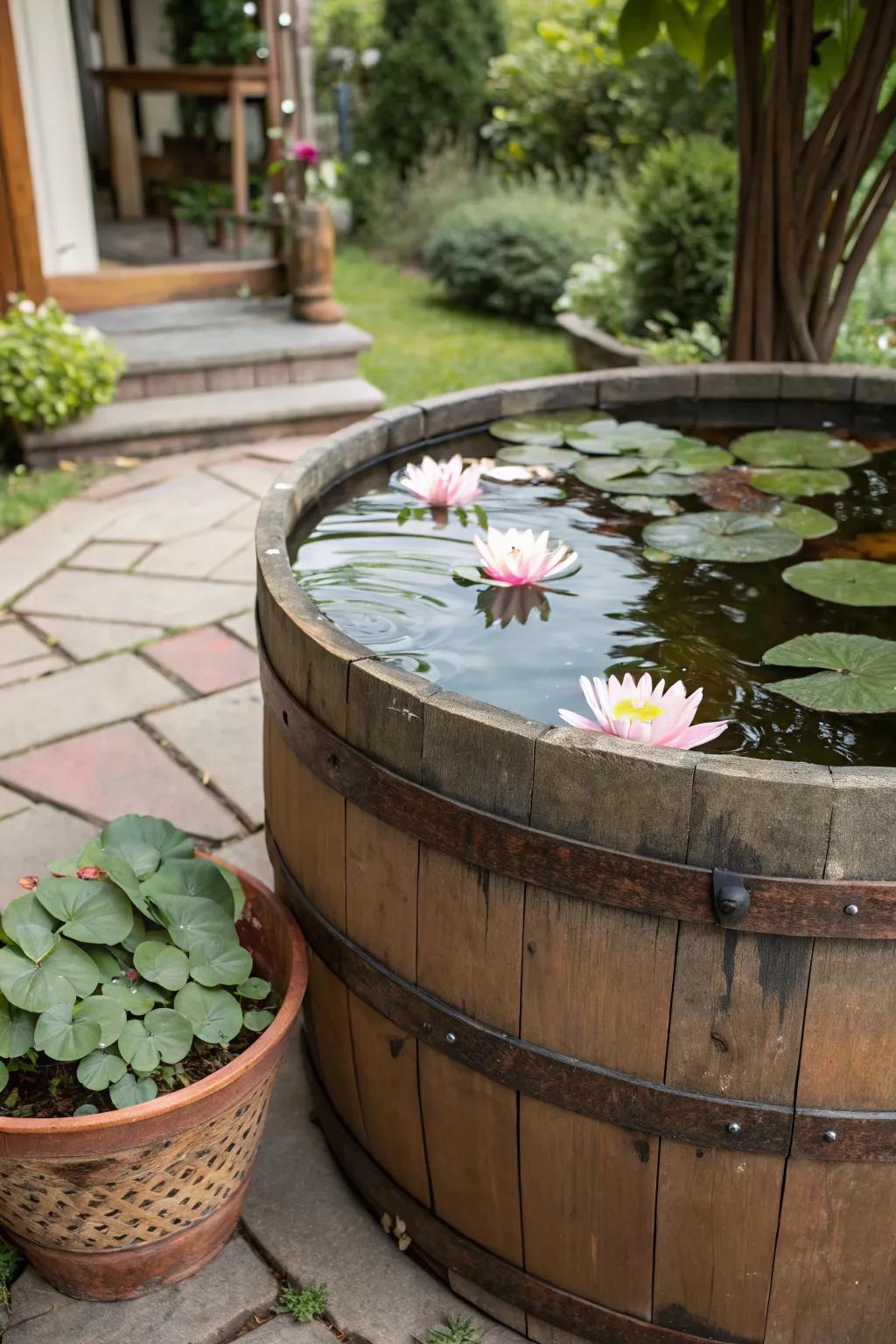 A movable barrel pond offers flexibility and charm.