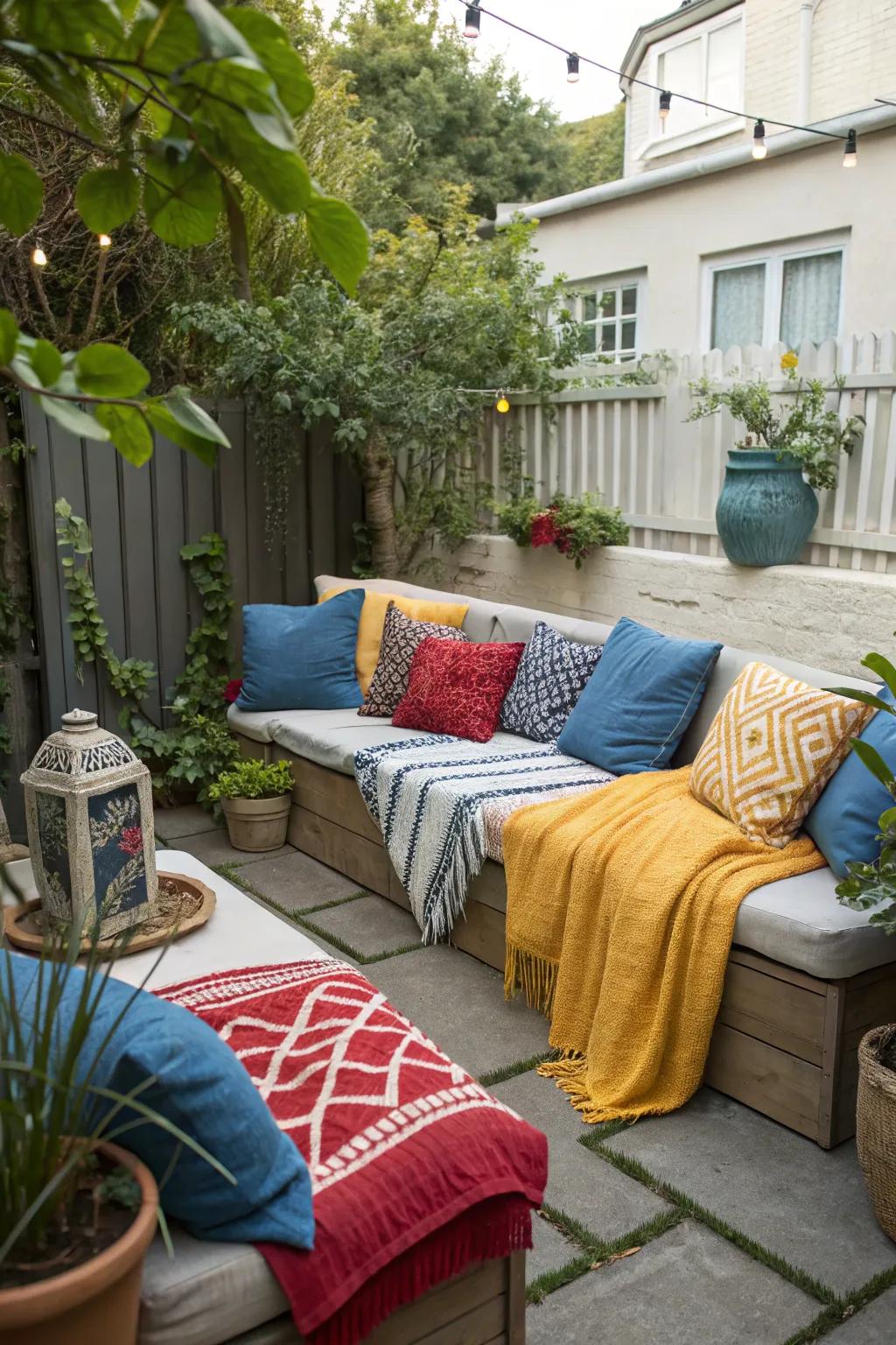 Cozy throw pillows and blankets adding personality to a small patio.