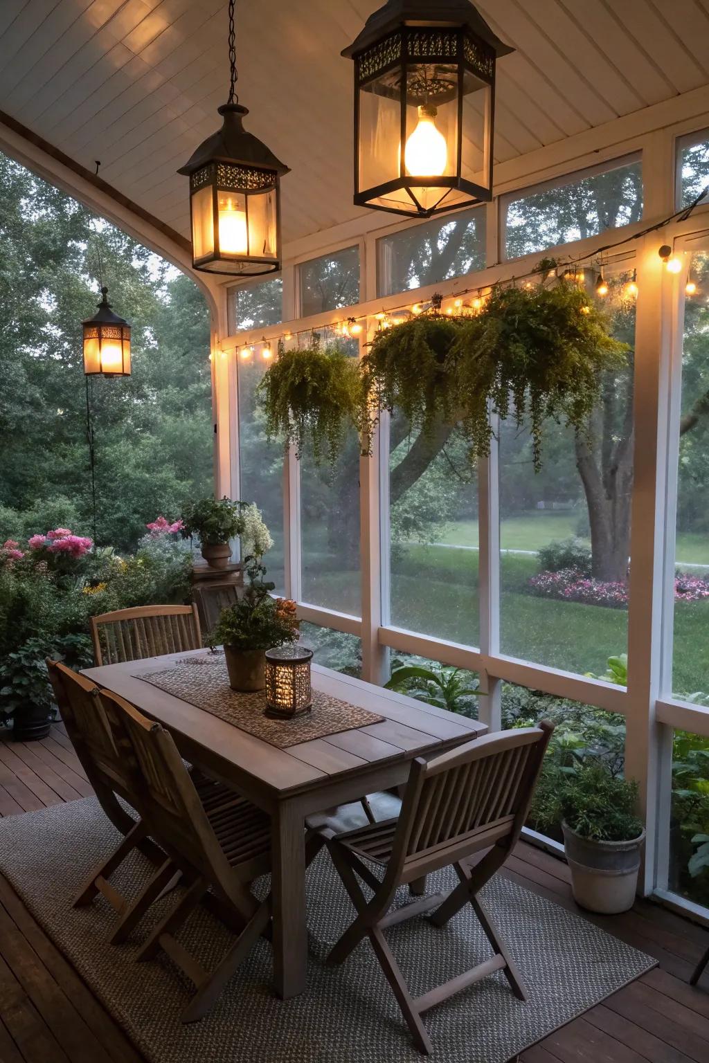 Lanterns offer a warm, inviting glow for evenings.