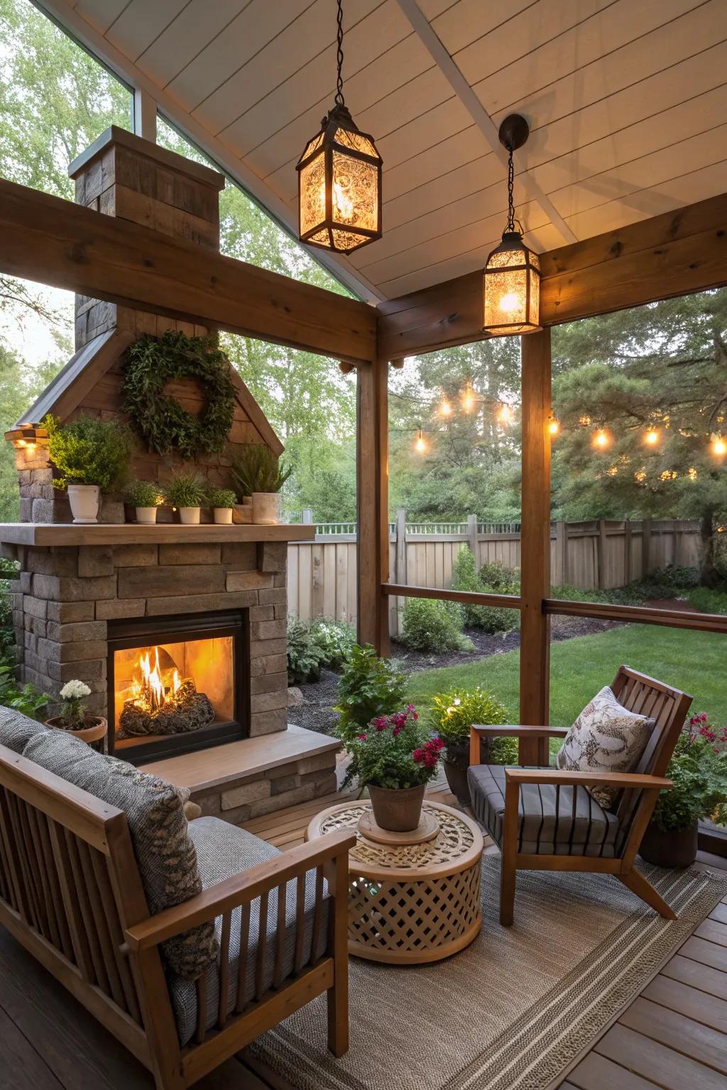Hanging lanterns create a warm and inviting atmosphere.