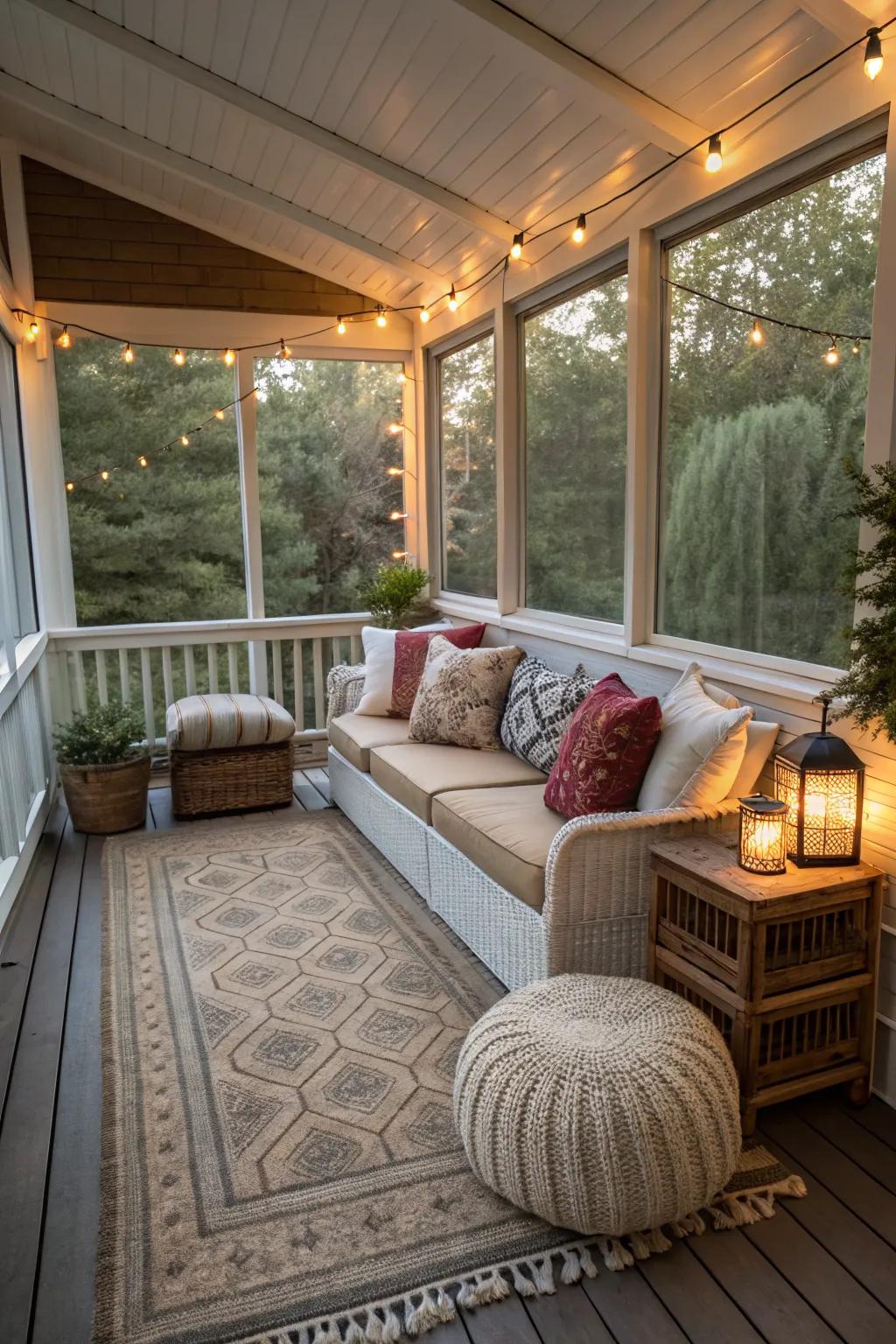 Cushioned floor seating adds a relaxed vibe to a small porch.