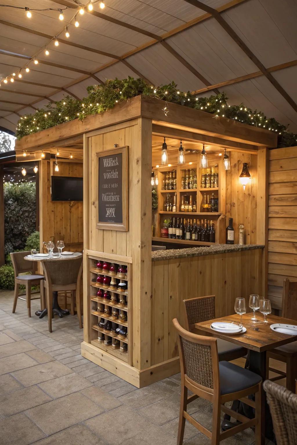 A wine-centric shed bar is perfect for intimate gatherings.