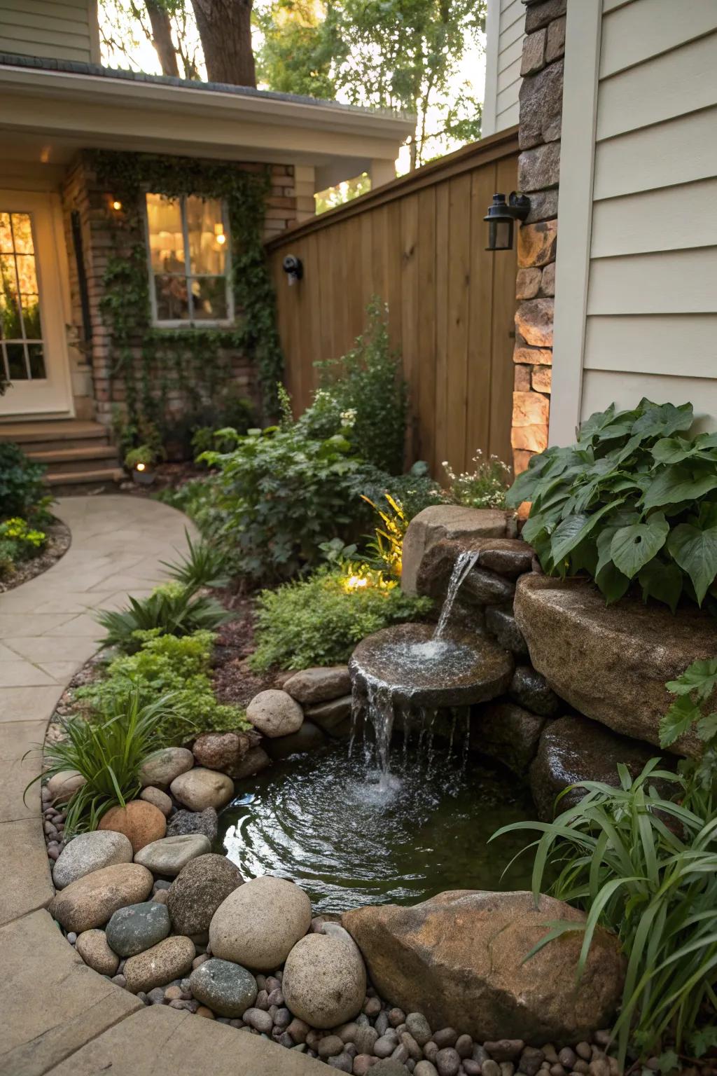 A water feature adds a serene touch to any side yard.