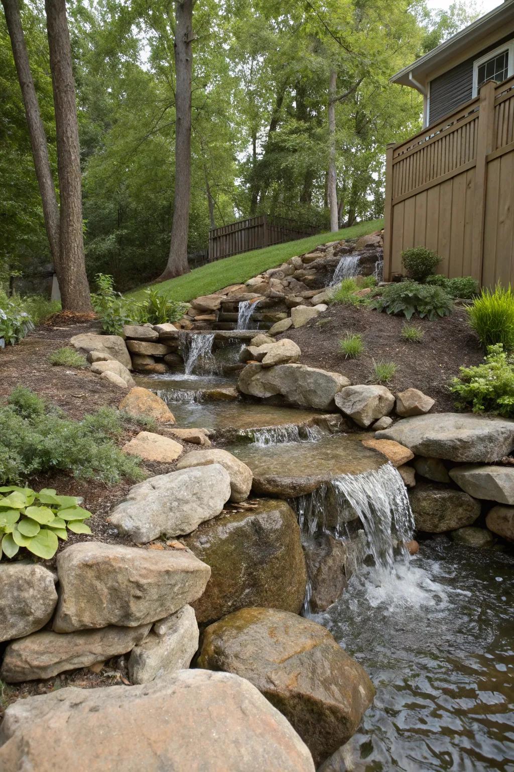 Add tranquility with a cascading water feature that uses natural slope.