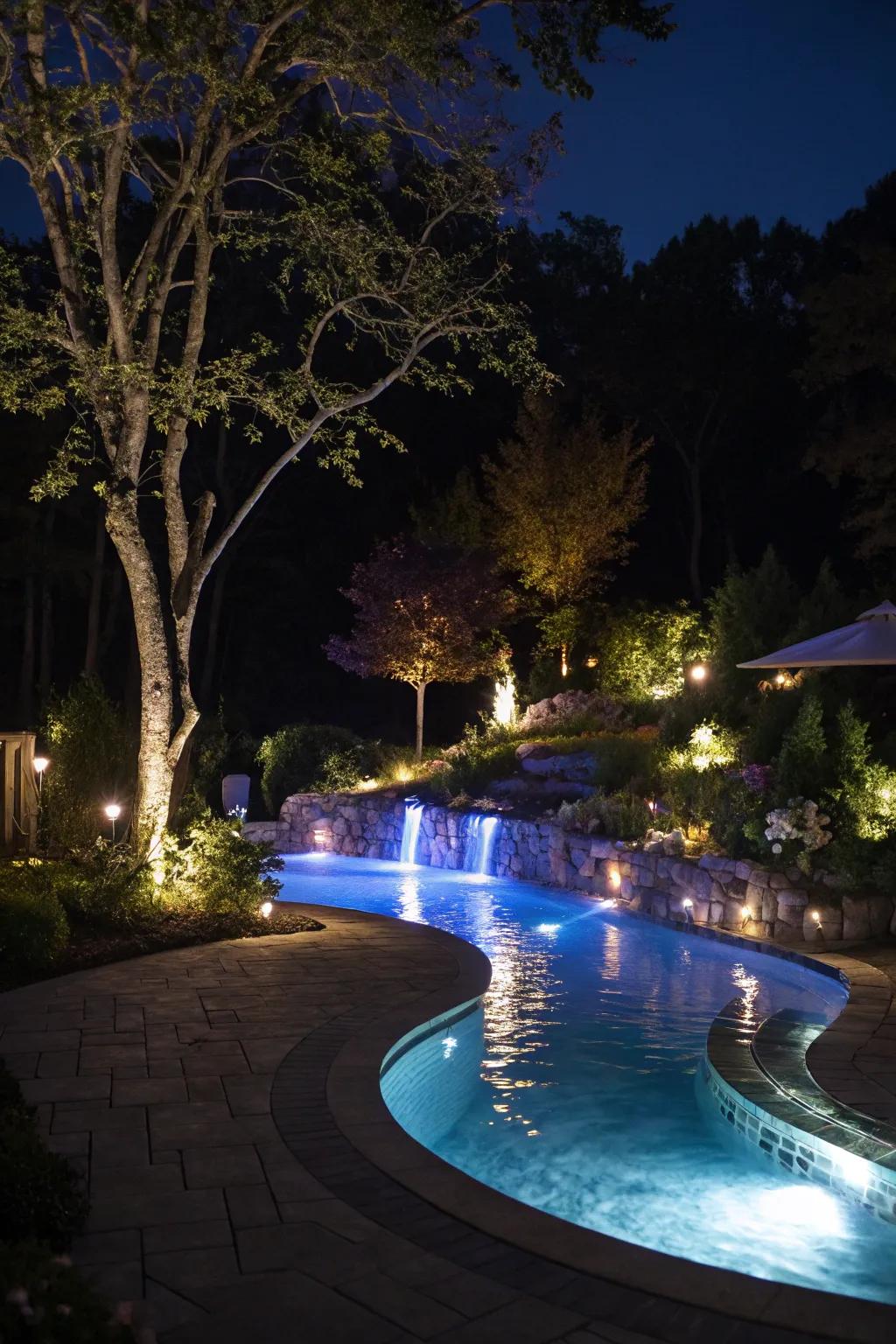 Lighting transforms a splash pool into a nighttime oasis.