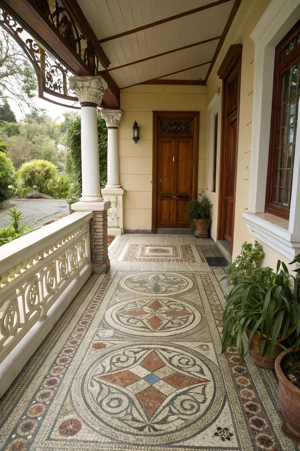 An intricate stone mosaic design that captivates on a small porch.
