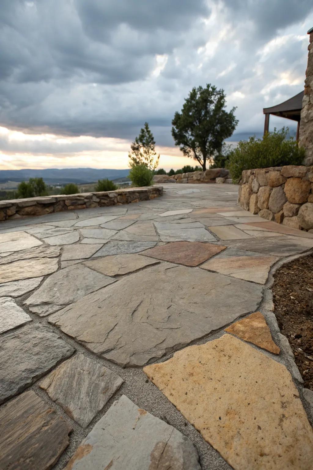 A variety of stone textures create a visually intriguing patio.