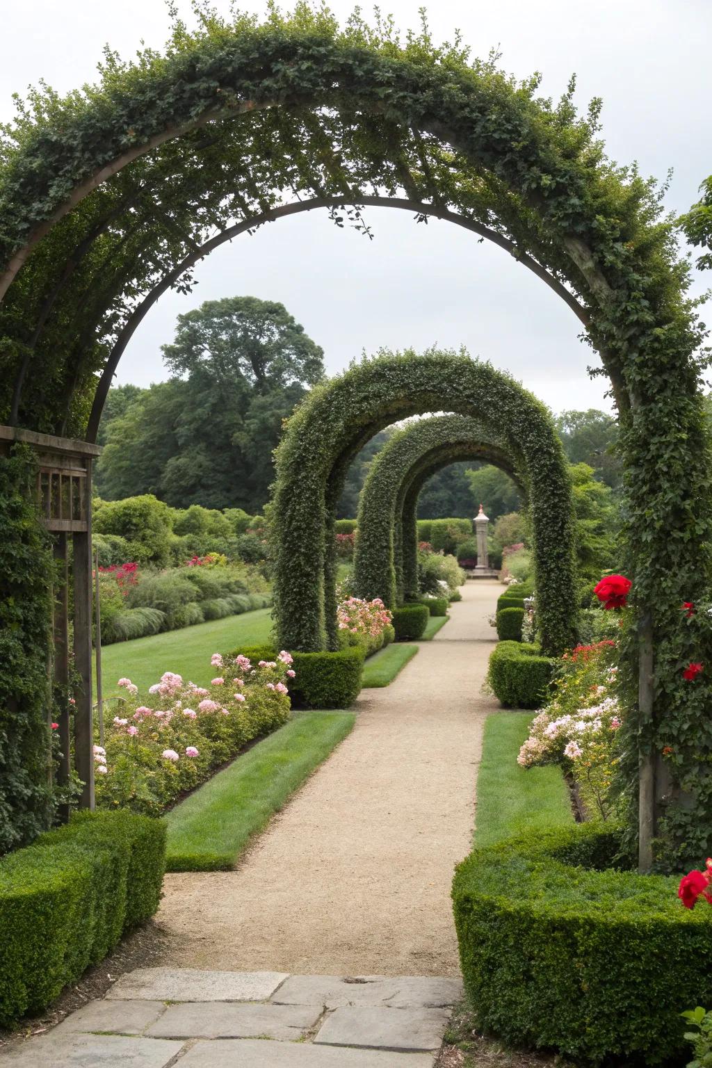 Topiary arches create a welcoming entrance.