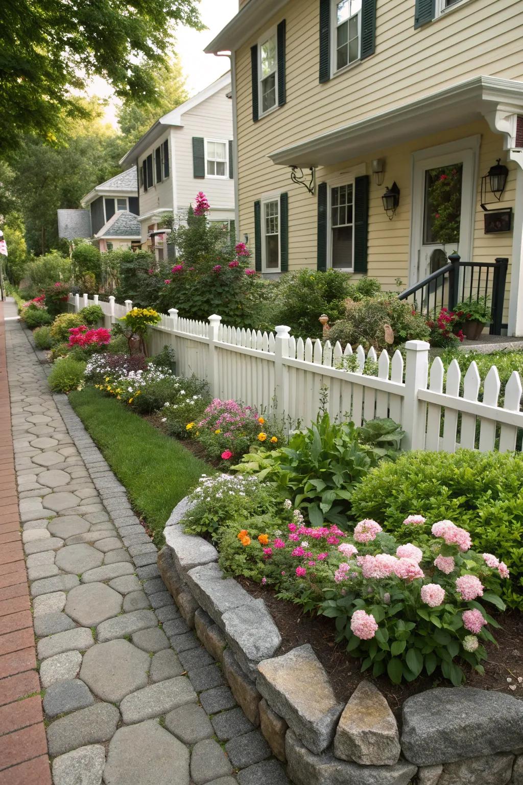 Elegant stone edging defines the flower beds in this townhouse front garden.