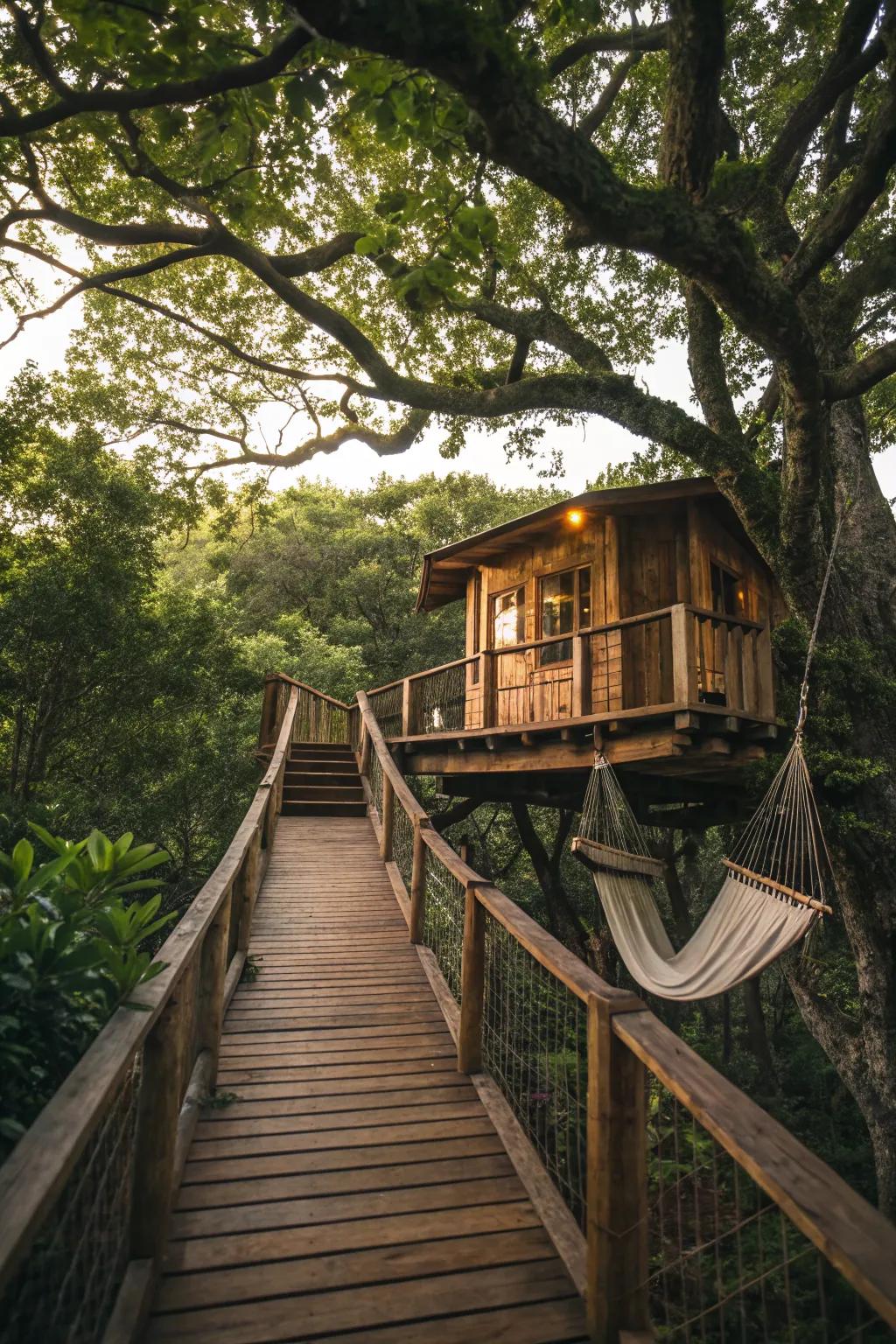 A tree house with a wooden bridge, adding adventure and connectivity to the design.