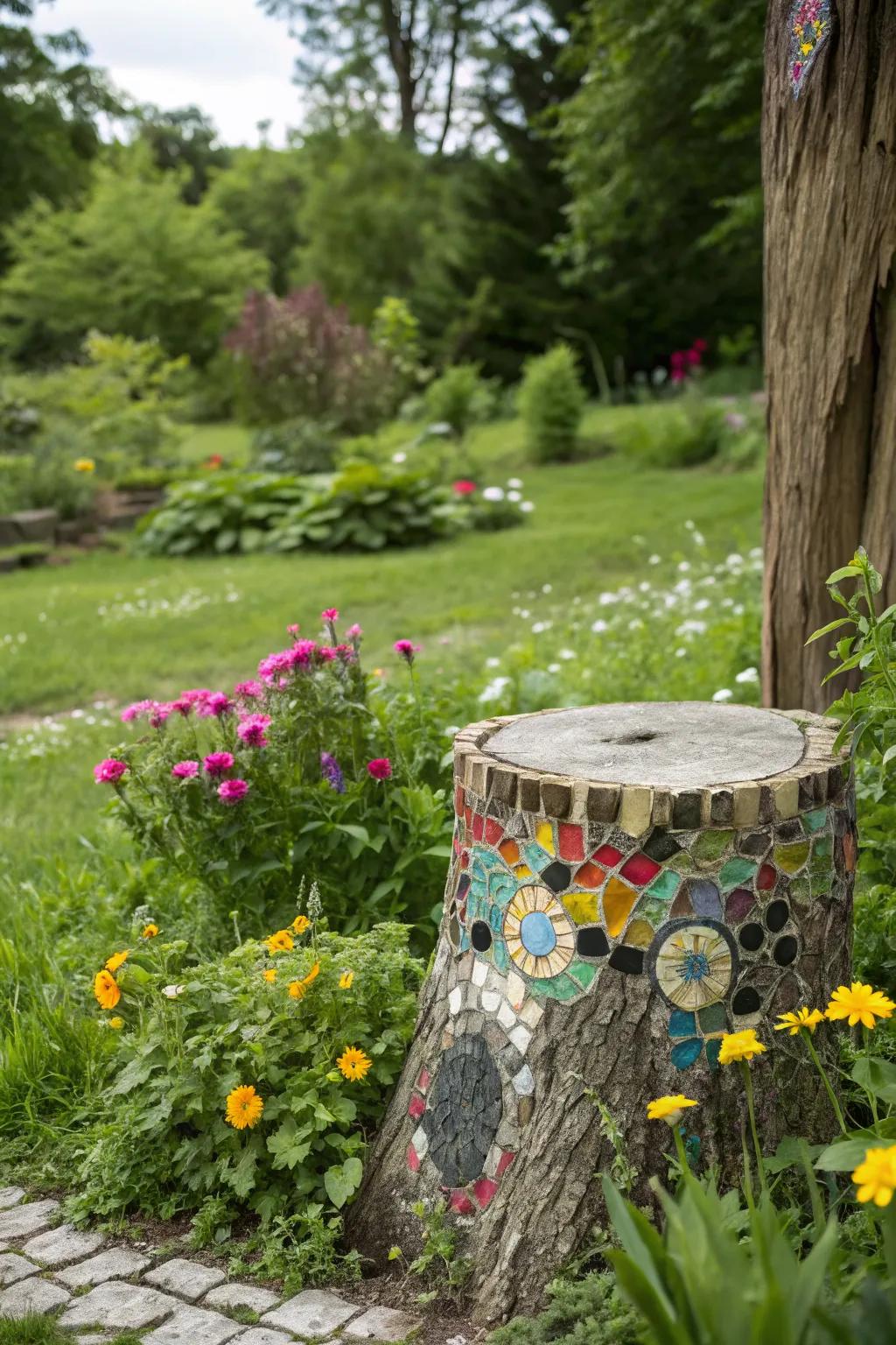 A vibrant mosaic masterpiece on a small tree stump.