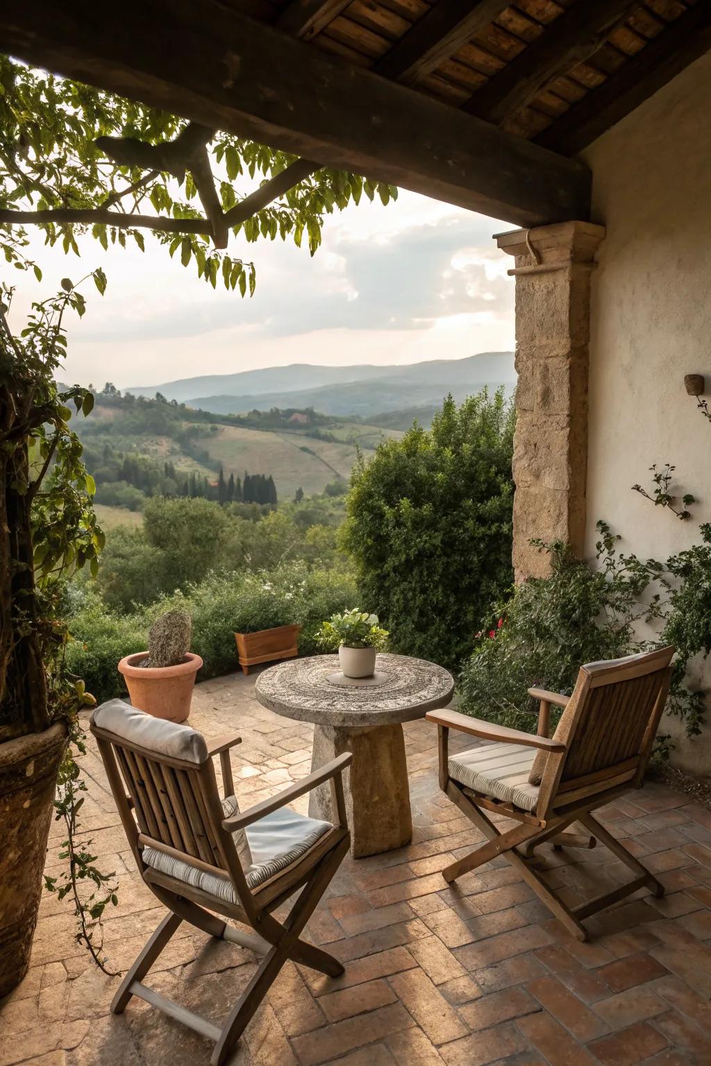 An inviting seating area perfect for relaxation on a Tuscan patio.
