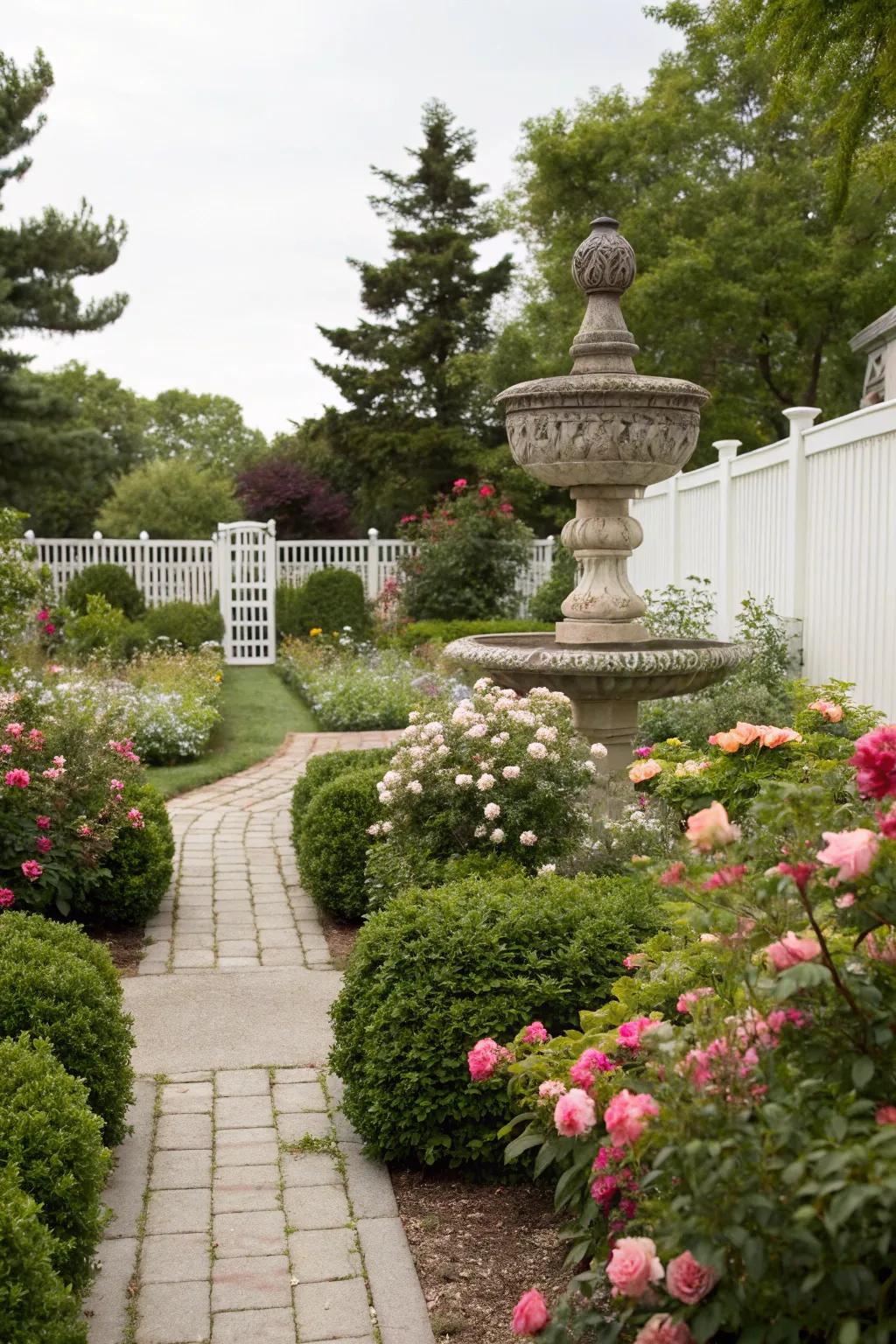 A small garden featuring a unique artistic sculpture