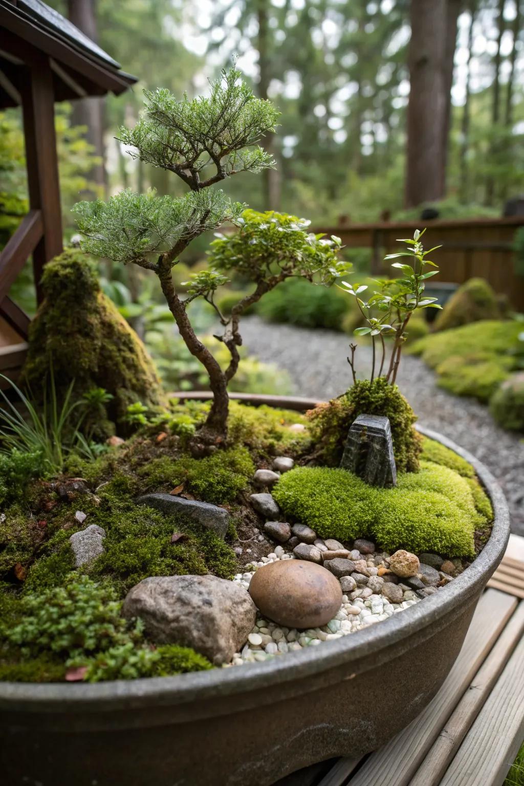 A miniature garden captures the essence of a woodland retreat in a small container.