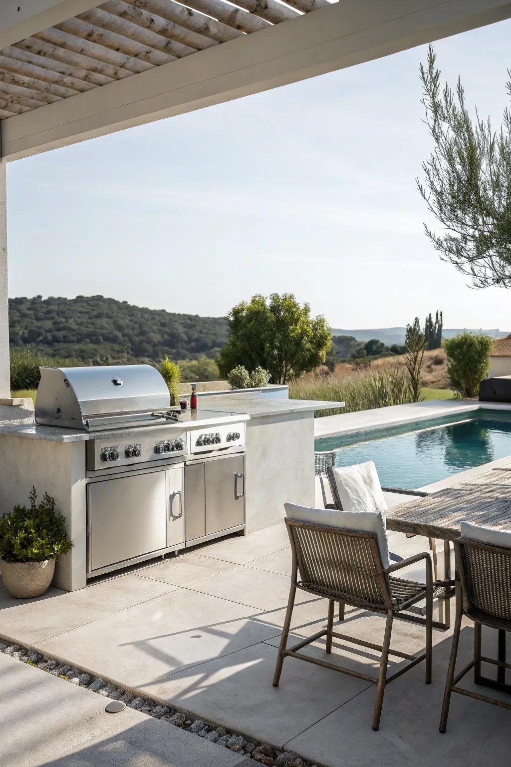 Modern finishes create a chic outdoor kitchen and pool area.